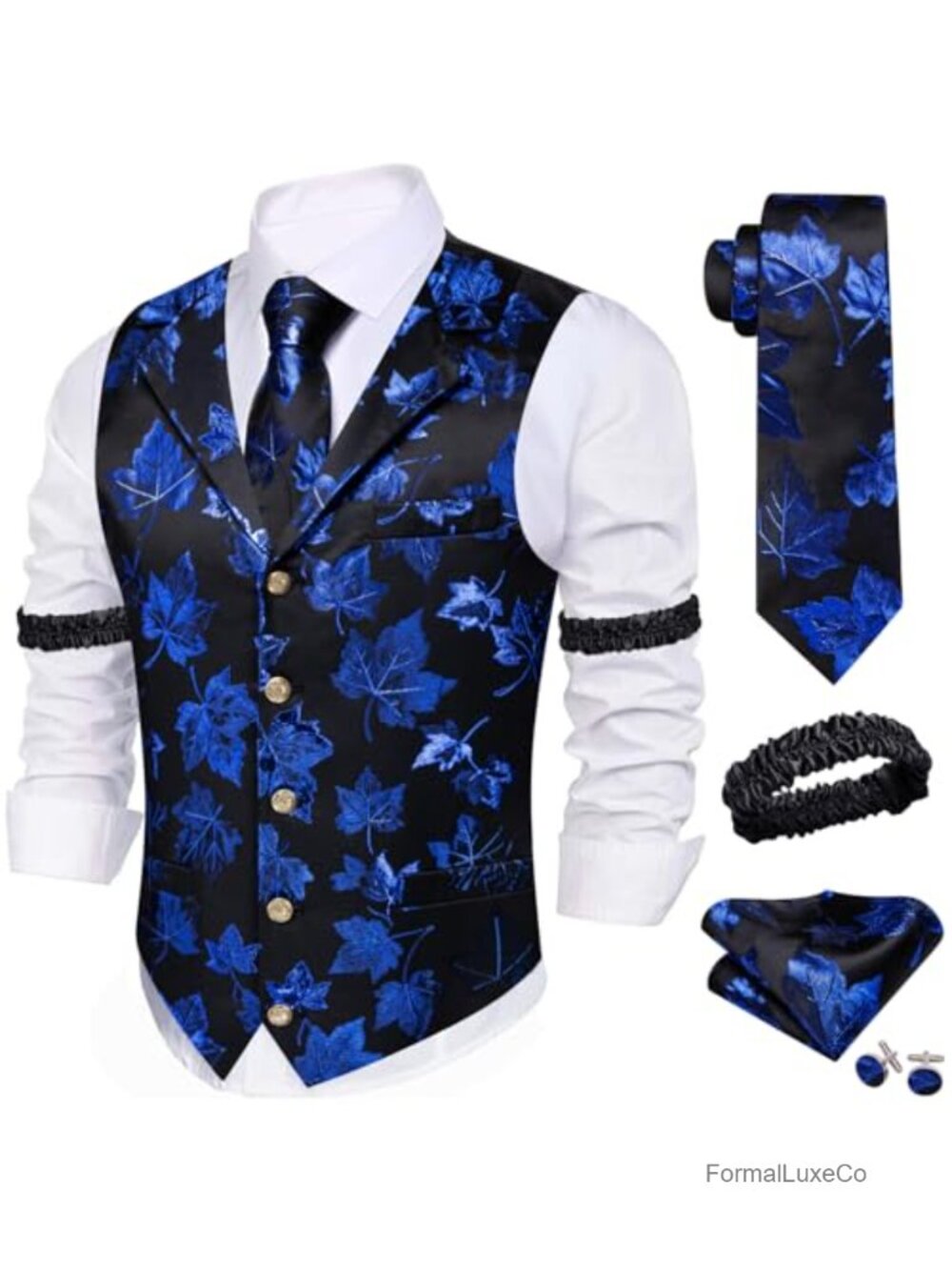 Mens Silk Jacquard Leaf Vest Tie Set Sleeve Holder Formal Suit